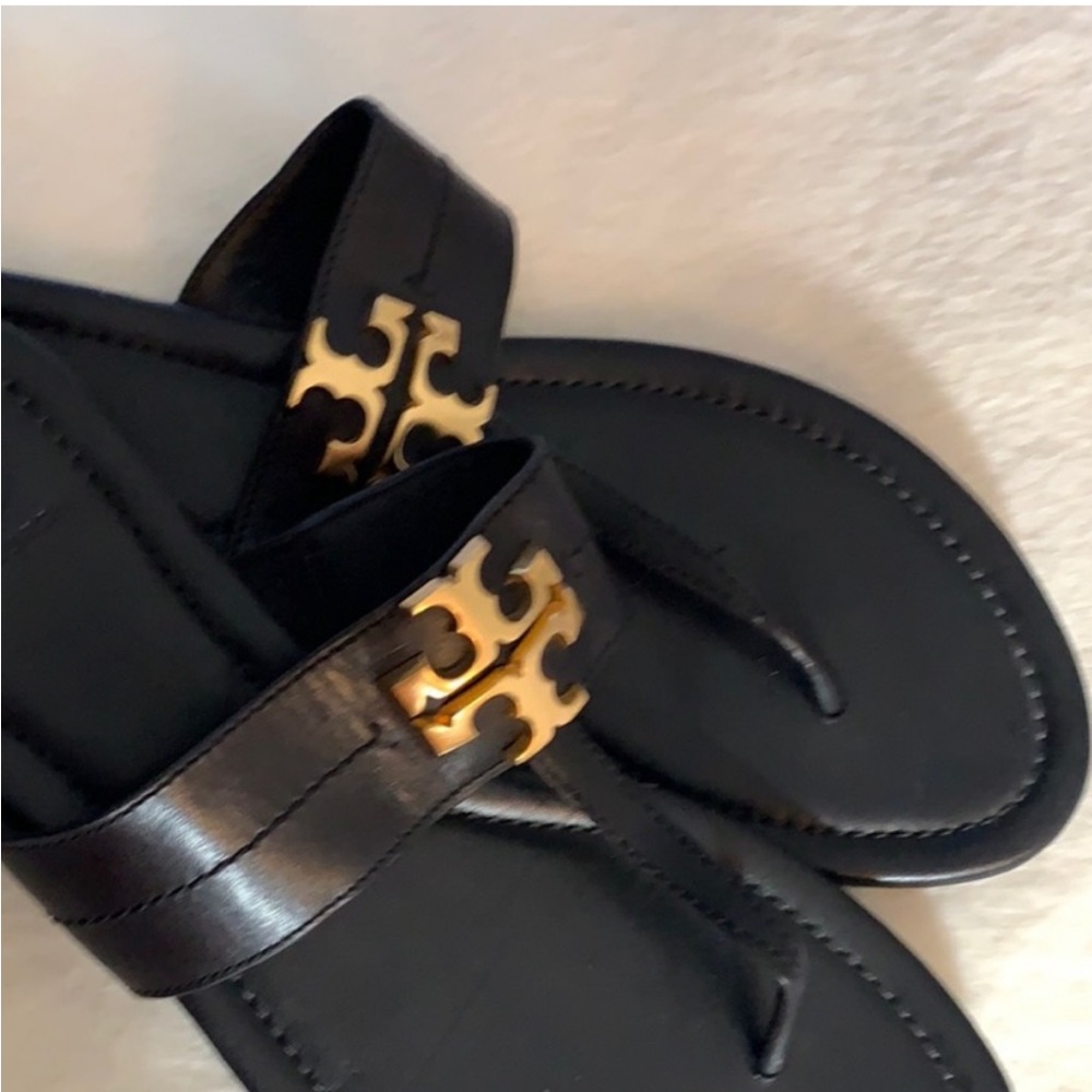 Tory Burch Black Thong Sandals with Gold Emblem